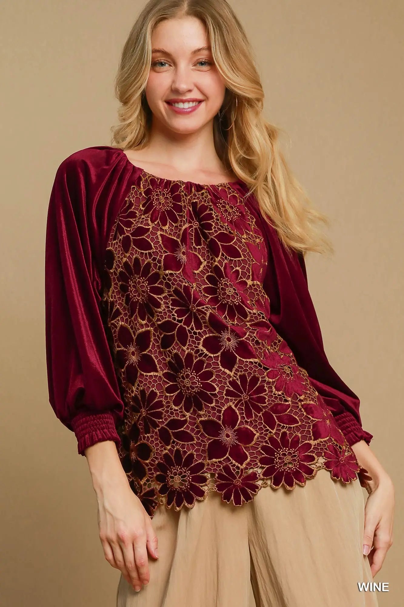 Umgee Velvet Top with Floral Lace - Wine