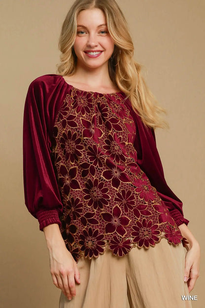 Umgee Velvet Top with Floral Lace - Wine