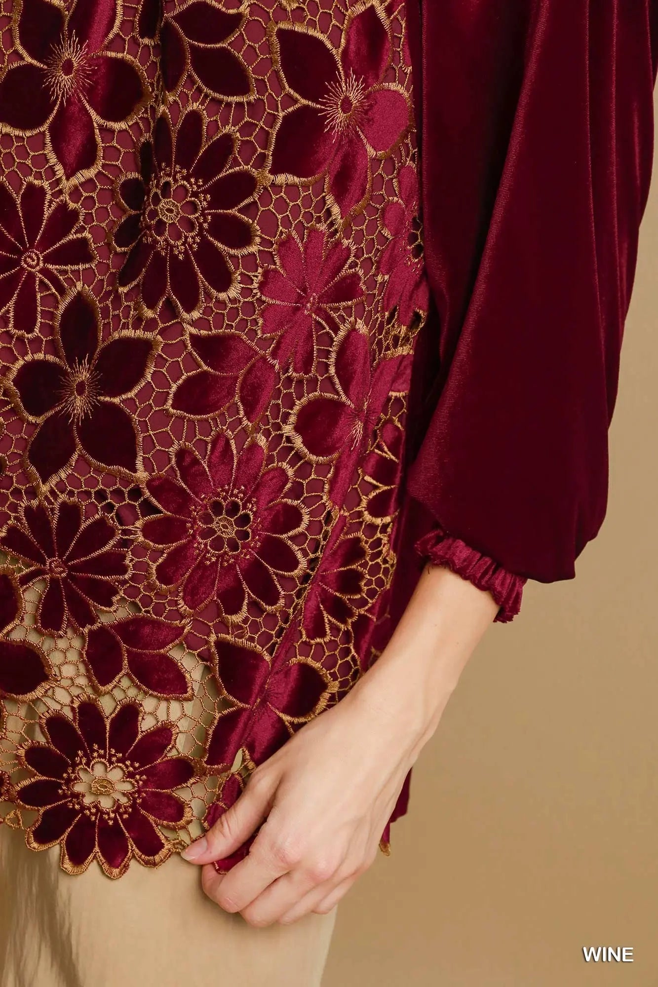 Umgee Velvet Top with Floral Lace - Wine