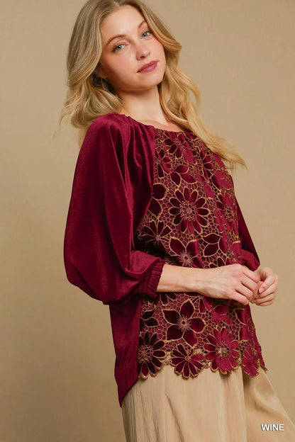 Umgee Velvet Top with Floral Lace - Wine