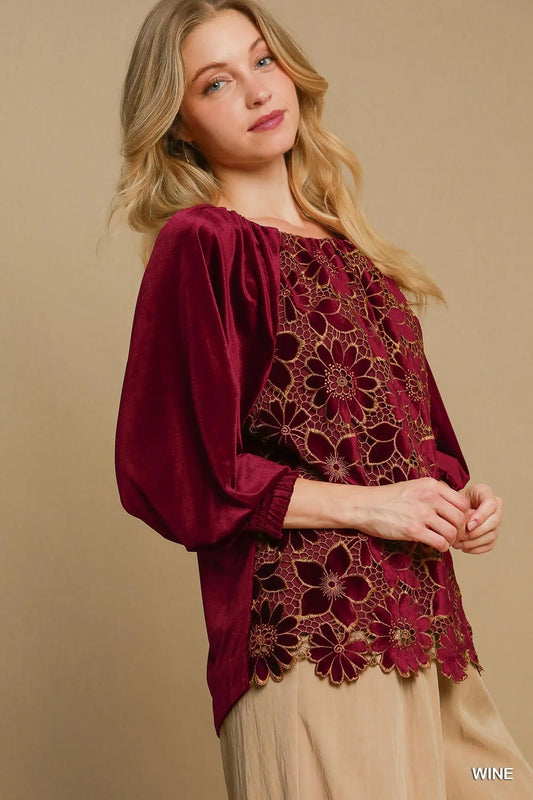 Umgee Velvet Top with Floral Lace - Wine